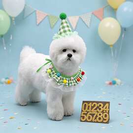 宠物生日围兜狗狗猫咪口水巾格子毛球花边围脖比熊布偶装扮配饰