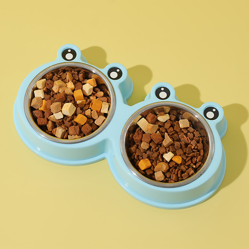 Home Pet Cute Cartoon Frog Two-in-One Pet Dual Bowl Food Set Sufficient Stock Stainless Steel Cat Bowl Dog Bowl