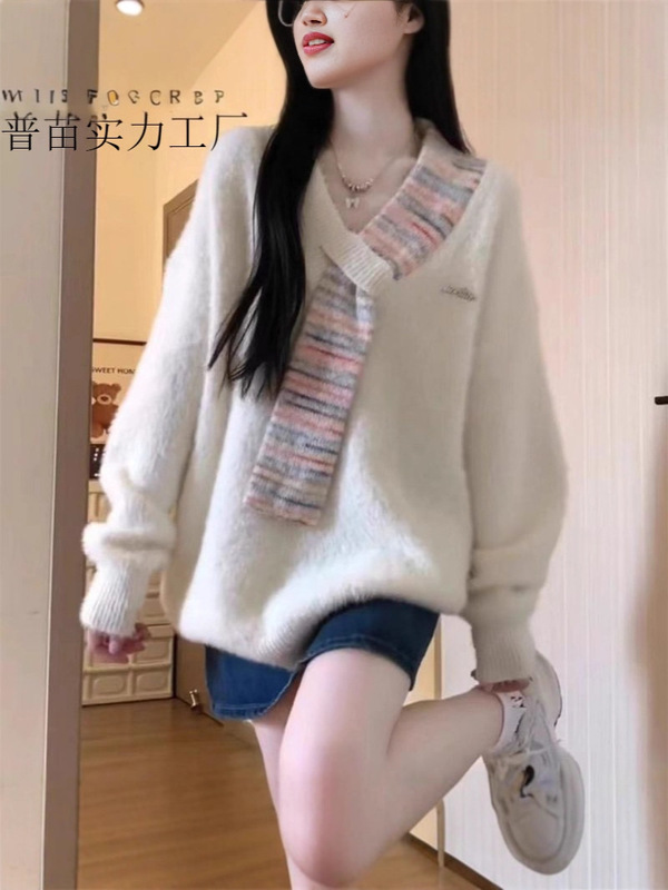 2025秋冬新款韩版甜美温柔设计感假围巾款仿绍毛柔软毛衣百搭套头|undefined