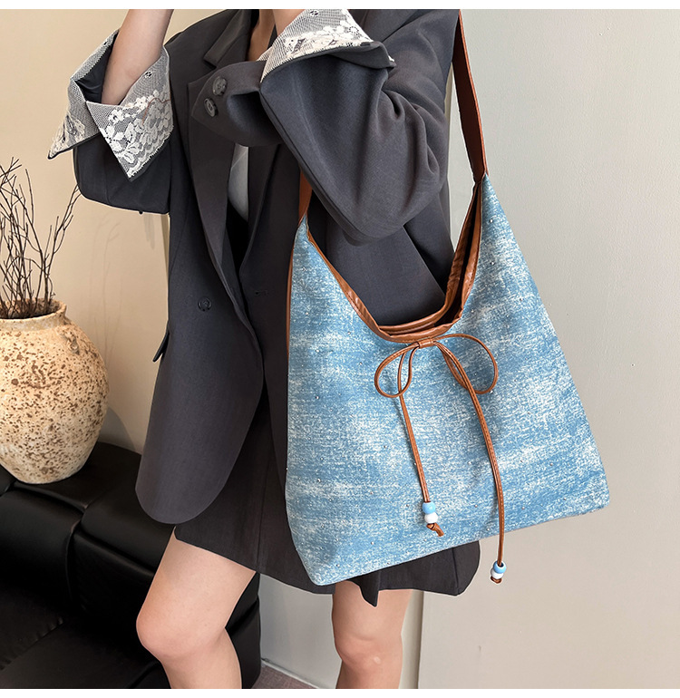 615g Weight String Closure Type Single Shoulder Strap Strap Type Shoulder Bag Bags Type Casual, Holiday Occasion Denim Material Sequins Pattern All Seasons Season Women's Gender Elegant, Streetwear Style Dumpling Shape Shape Women's Denim Sequins Elegant Streetwear Dumpling Shape String Shoulder Bag 8