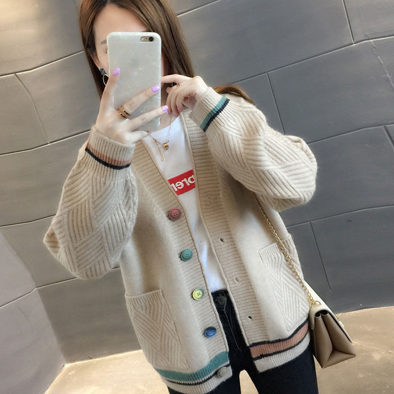 春と秋の新 V ネックカラーブロックセーター女性のコート韓国スタイルルーズ多用途ファッション西洋スタイルニットカーディガン女性|undefined