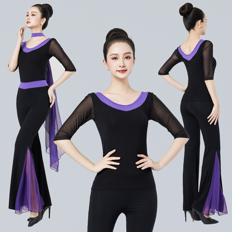Purple Round Pointed Collar Color-Blocked Gauze Sleeve Body Suit Dance Suit Catwalk Model Ballet Practice Training Etiquette Modal