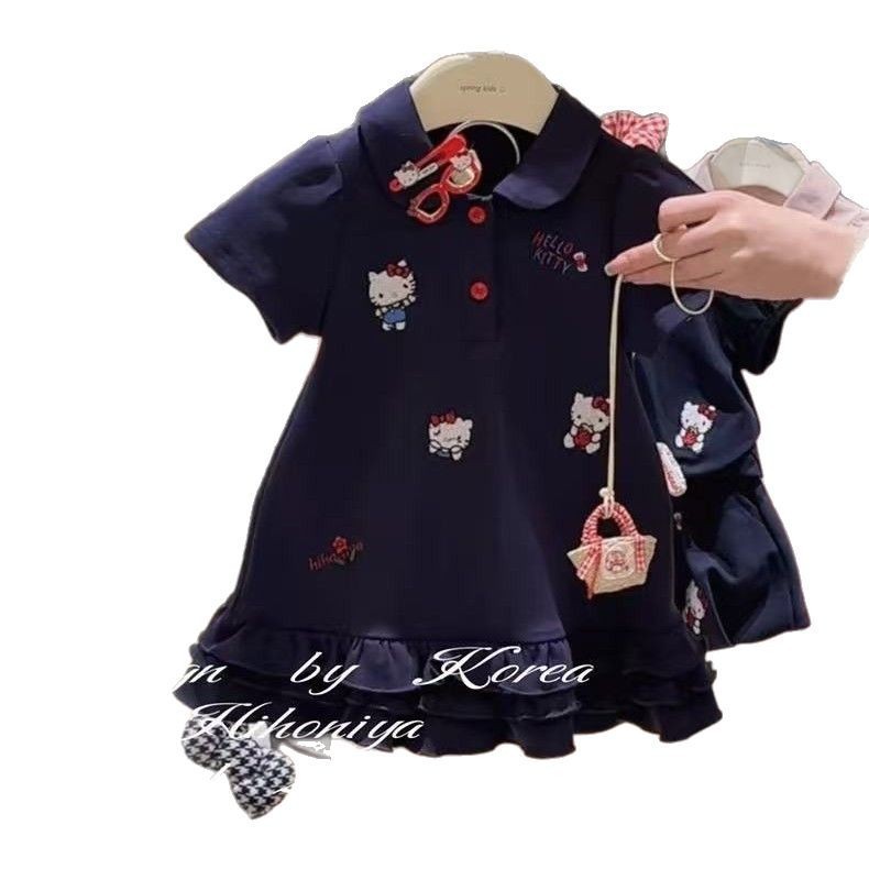 Xianning siete niñas cómodo vestido POLO verano nuevo bordado de gato vestido de princesa de estilo occidental de bebé femenino coreano