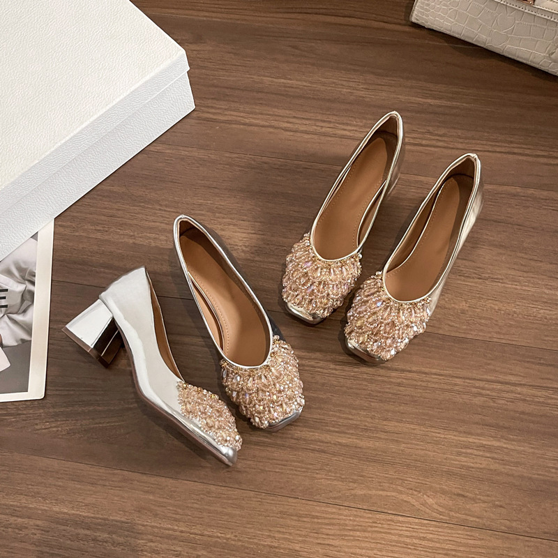 French Square Toe Pearl Rhinestone Shoes for Women 2025 New Spring Scoop Shoes Soft Leather High Heels Women's Shoes High-End Thick Heels