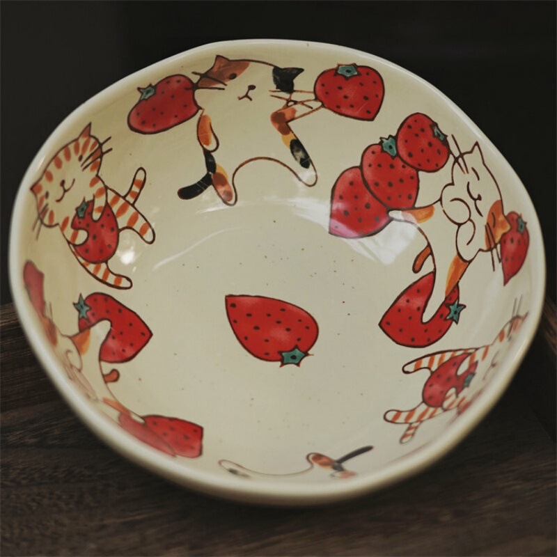 Japanese-Style Cat and Strawberry Shaped Bowls and Plates for Home and Restaurant Use, Underglaze Color Hand-Painted Irregular Ceramic Tableware, Housewarming Gift