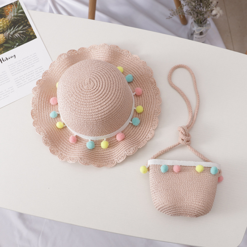 Color ball wavy edge straw hat-pink