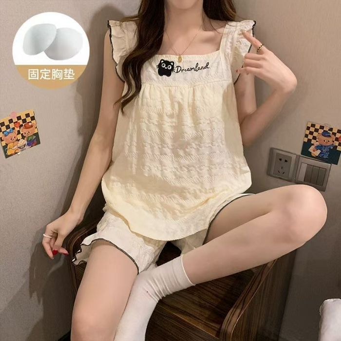 Pijamas transfronterizos con almohadilla para el pecho para mujer verano nuevo estilo pequeño volador con almohadilla para el pecho pijamas de dos piezas de dibujos animados lindos de alto valor