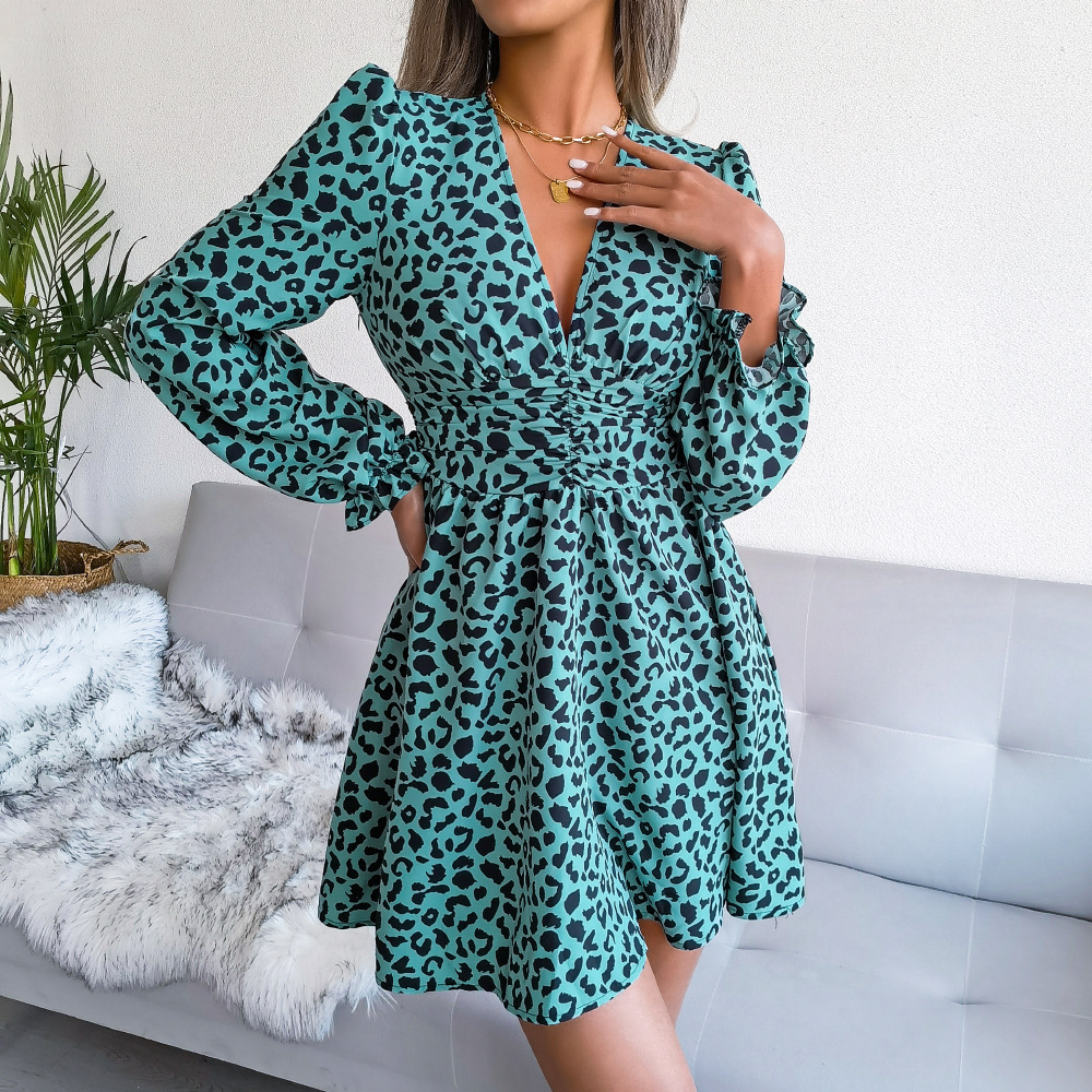 Long Sleeve V Neck Waist-Slim Leopard Print Dress NSBJ112124