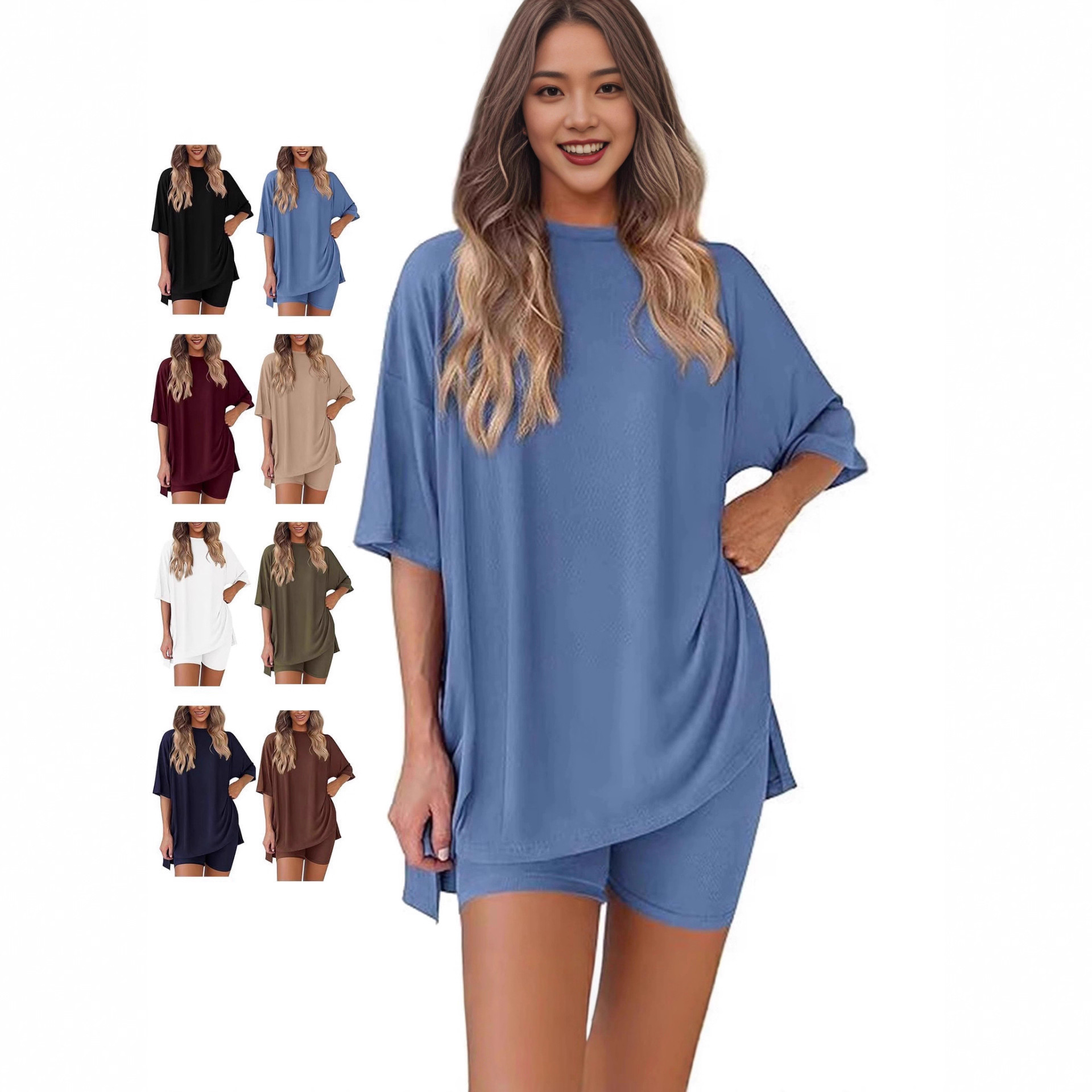 跨境亚马逊夏季女式圆领短裤T恤短袖套装宽松高腰口袋休闲居家服