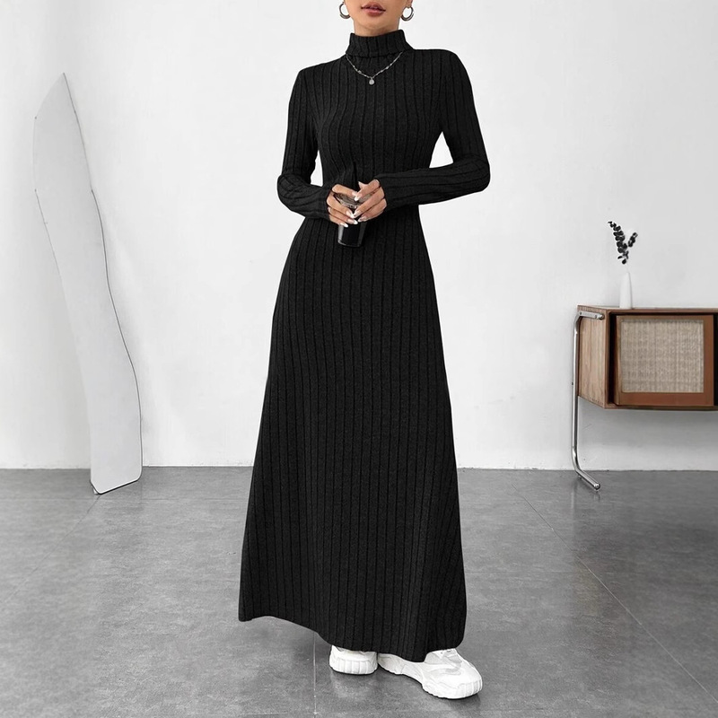 European and American Cross-border Autumn and Winter Women's Elegant Slim-fit High Collar Fashion Solid Color Pit Scrub Long Sleeve dress for Children European and American Cross-border Autumn and Winter Women's Elegant Slim-fit High Collar Fashion Solid Color Pit Scrub Long Sleeve dress for Children