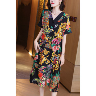 Heavy Weight Silk V Neck Printed Dress 2025 Summer New Style Luxury Floral Mulberry Silk Long Dress