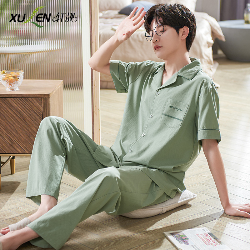 Pijamas de hombre verano Delgado 100% algodón pantalones de manga corta Cardigan a cuadros ropa para el hogar verano más traje de tamaño