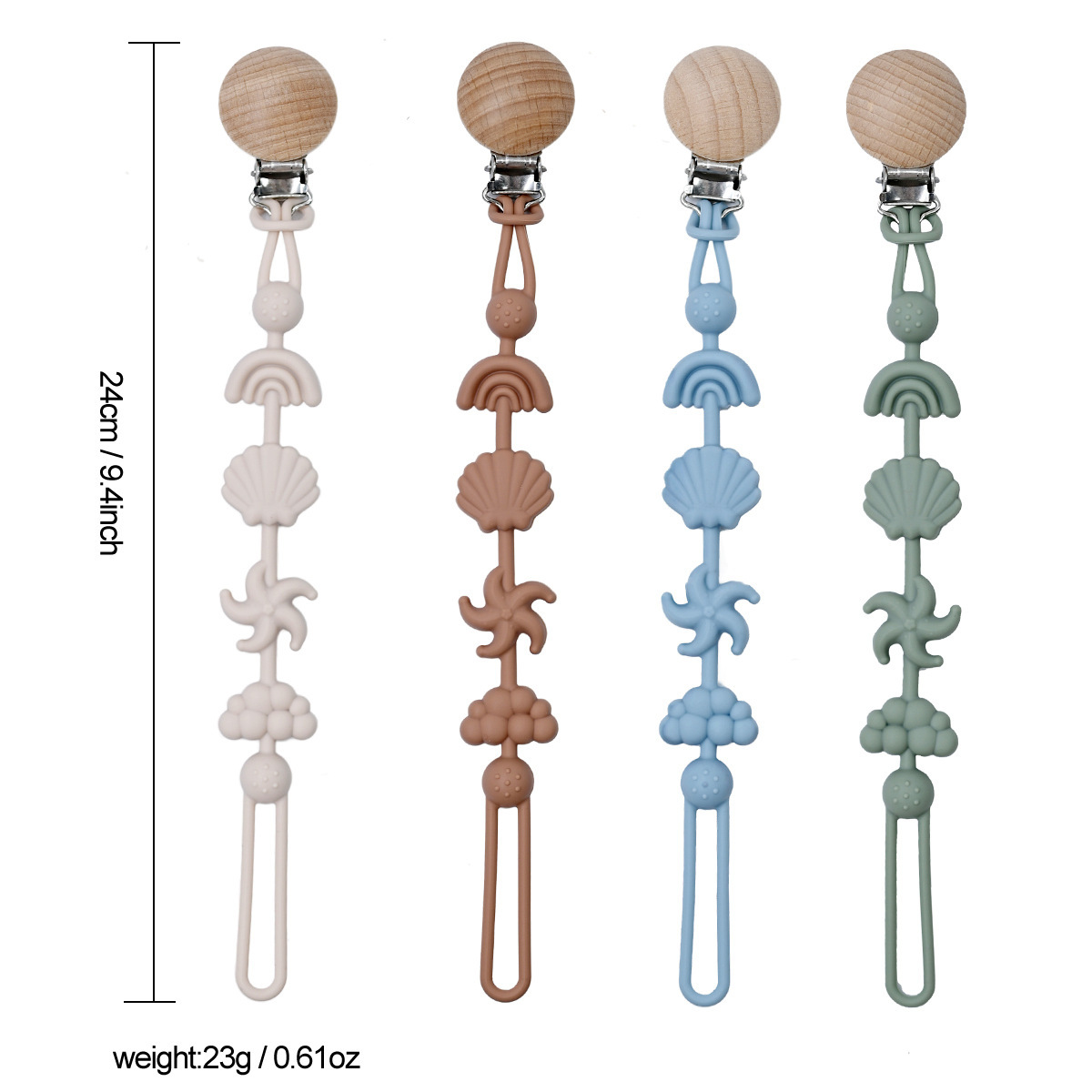 Nuevos productos para bebés de Amazon, clip para chupete de haya, cuentas de madera con forma de arco iris, cadena para chupete de silicona, cadena anticaída