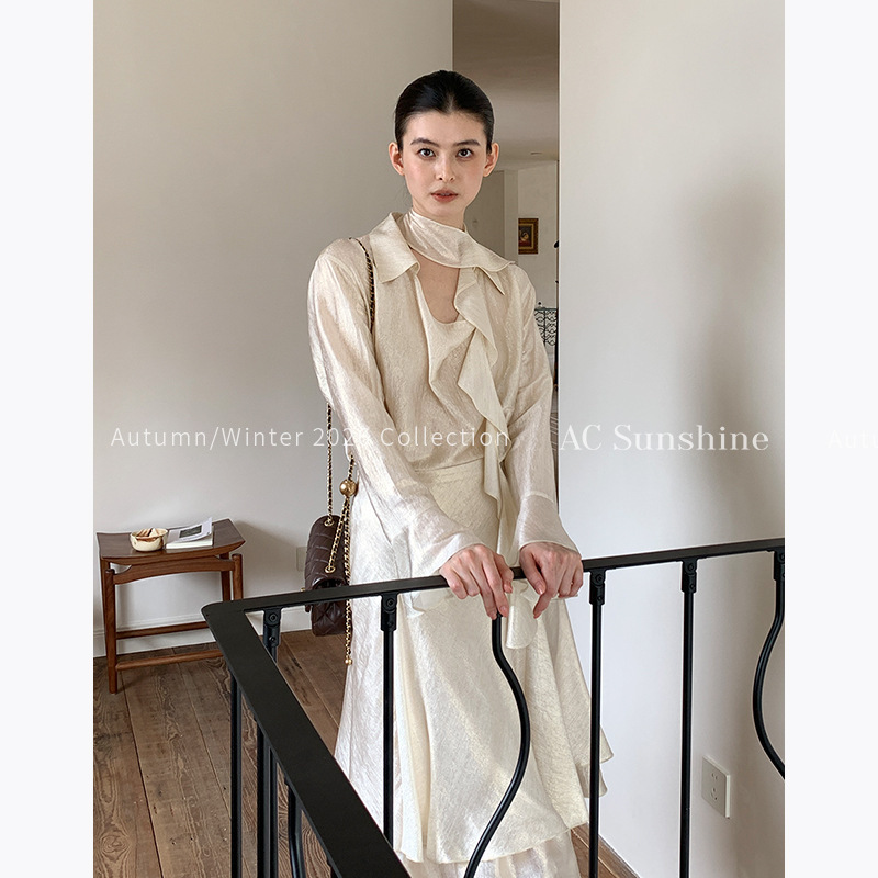 AC SUNSHINE Light Social Acetate Textured Pleated Vintage Romantic Ruffle Trim Women's Blouse 20069-1 AC SUNSHINE Light Social Acetate Textured Pleated Vintage Romantic Ruffle Trim Women's Blouse 20069-1