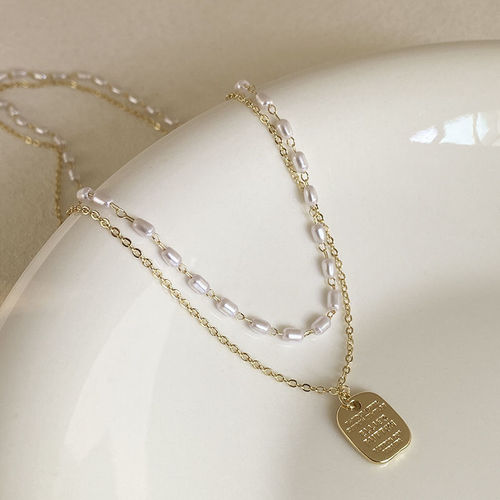 Double layer rice grain pearl necklace women's niche design light luxury sweater chain simple temperament sweater chain wholesale