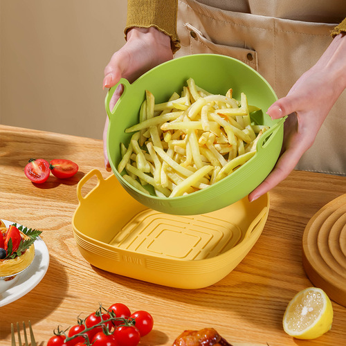 Silicone Bowl for Air Fryer, Oven, and Baking - Dual-Handle, High-Temperature Resistant, Household Baking Tray, Round Fruit Salad Bowl