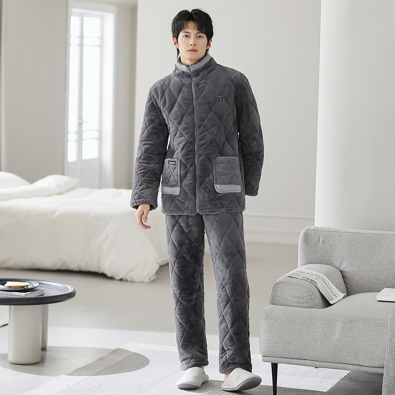 (2개) 제조사 겨울 신상품 재고 직판, 남성용 누빔 잠옷, 따뜻하고 편안함, 라운드 넥 가디건, 가정복, 야외에서 착용 가능