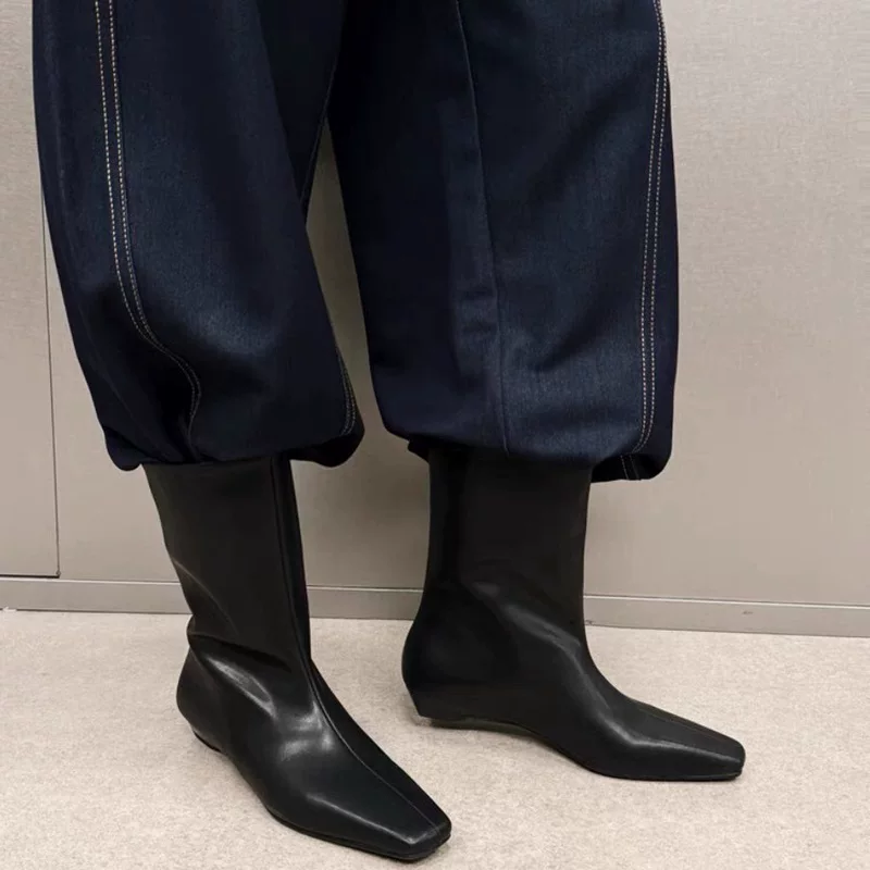  Mid-Calf Low Boots, Korean Style, Square Toe, Black, Sizes 35–40
