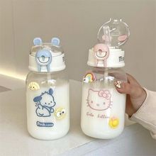 新款卡通猫咪透明水杯学生杯子高颜值可爱带盖塑料吸管杯女ins风