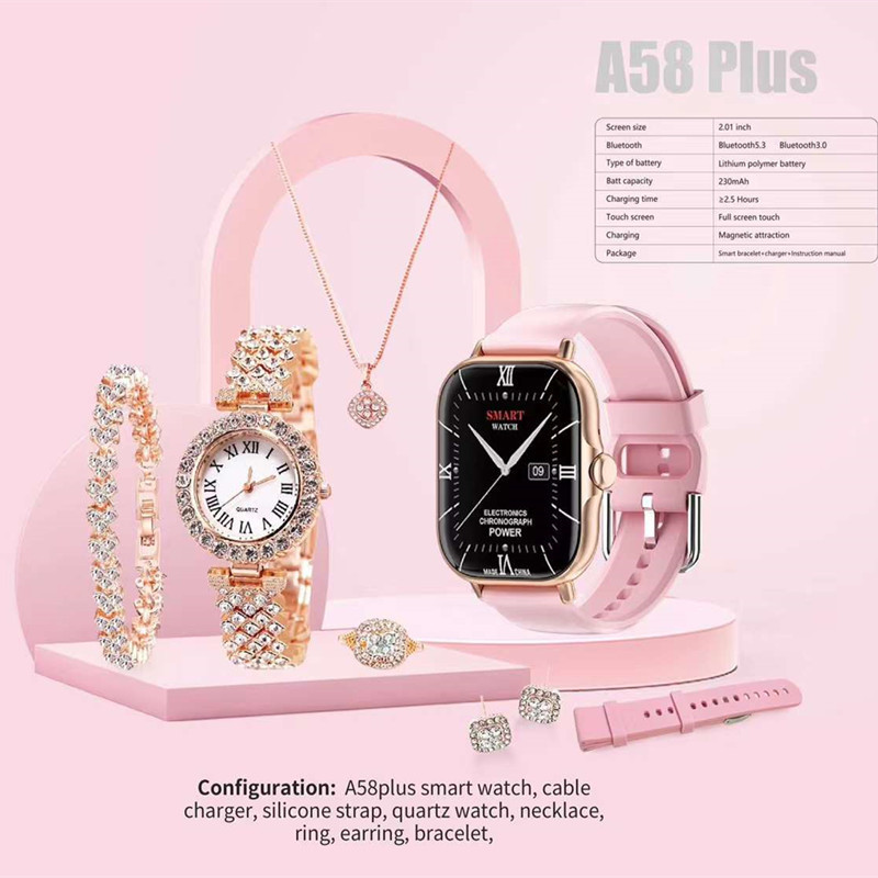 Nuevo reloj inteligente A58 PLUS pulsera de diamantes collar anillo aretes reloj conjunto función de pago Bluetooth