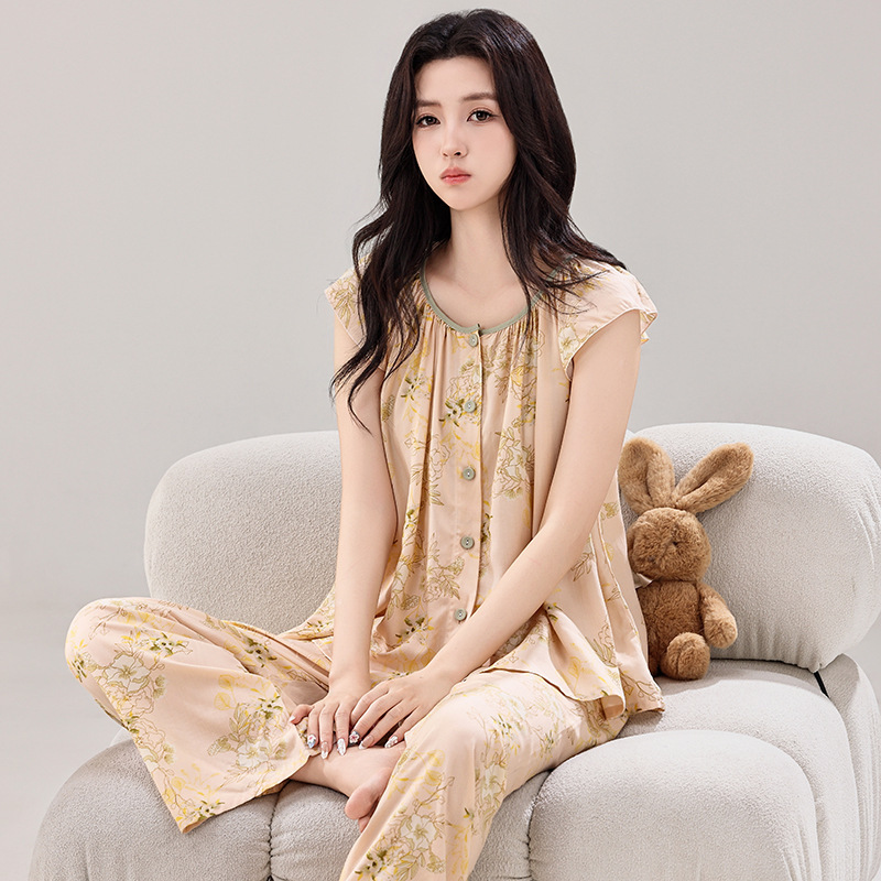 2026 Summer New Style Women's Sleeveless Pajamas with Long Pants, 40-Count Pure Rayon Cardigan Set, Chinese Style Print, Comfortable Style