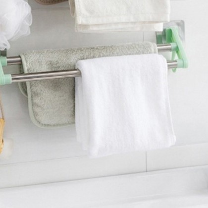 Sin perforaciones de doble barra toallero baño cocina almacenamiento rack de plástico de acero inoxidable toallero