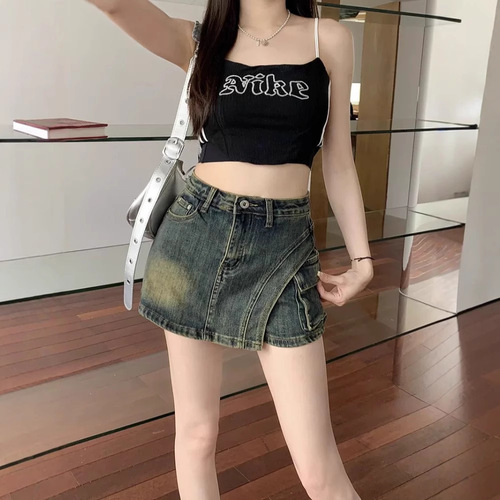 Summer niche pants retro denim short A-line skirt for women with high waist, irregular cut, side seam to prevent exposure
