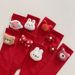 兒童中筒襪子直筒無後跟喜慶新年純色大紅襪可愛小白兔愛心花朵襪