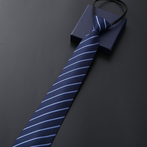 Men's business dress zipper tie groom wedding blue stripe Korean style black lazy tie one-pull
