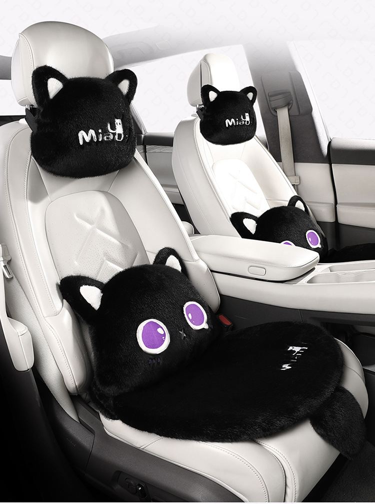 24 years new car seat cushion winter black cat plush cartoon cute seat cushion three-piece universal seat cover car