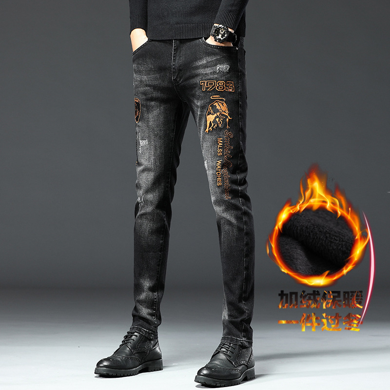 Autumn and Winter Fleece New Taurus Embroidered Jeans Men's Slim-fit Foot Stretch Casual Long Pants European Station Fashion Brand