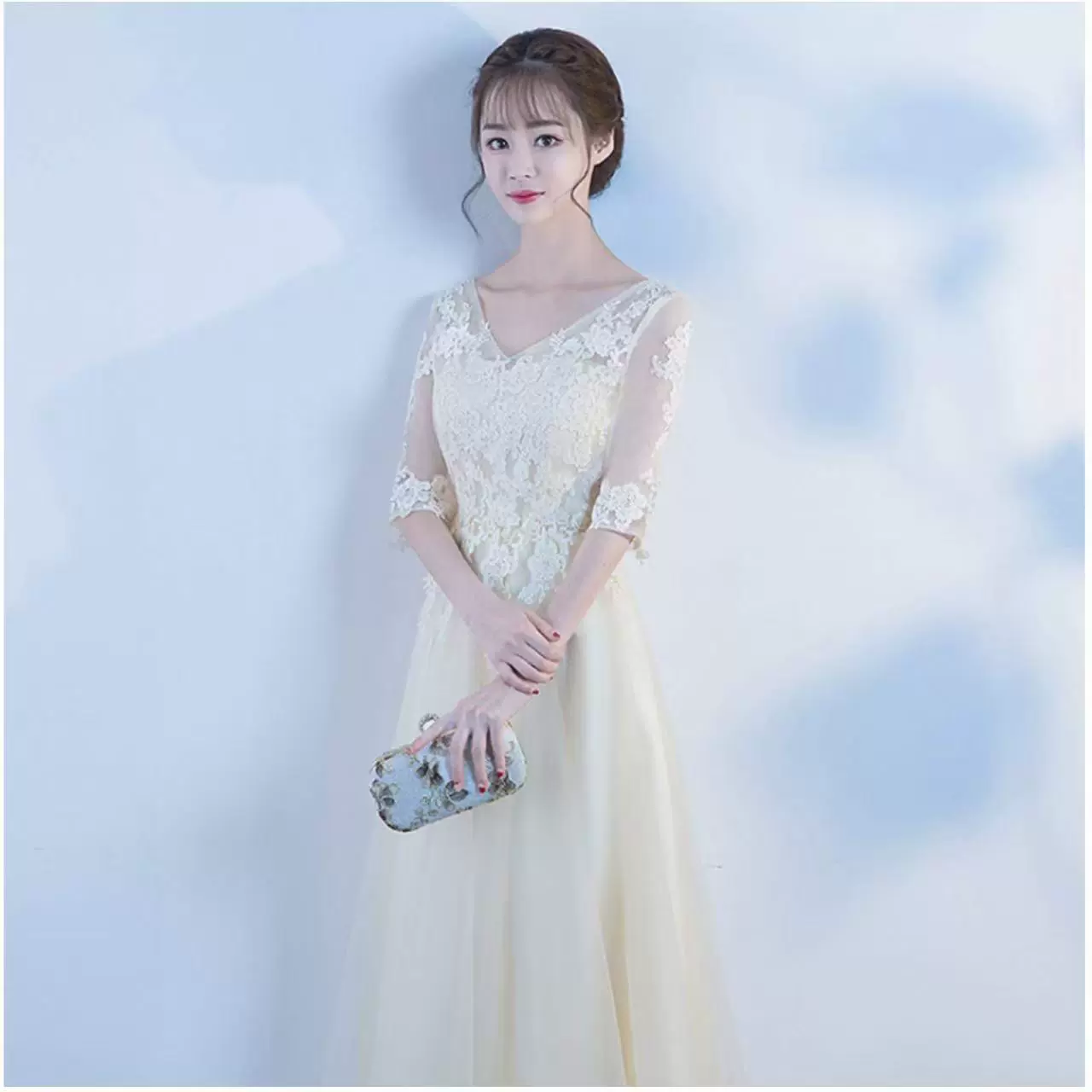 宴会晚礼服2025新款外贸货源浅香槟色蓬蓬纱长裙艺考年会小礼服裙