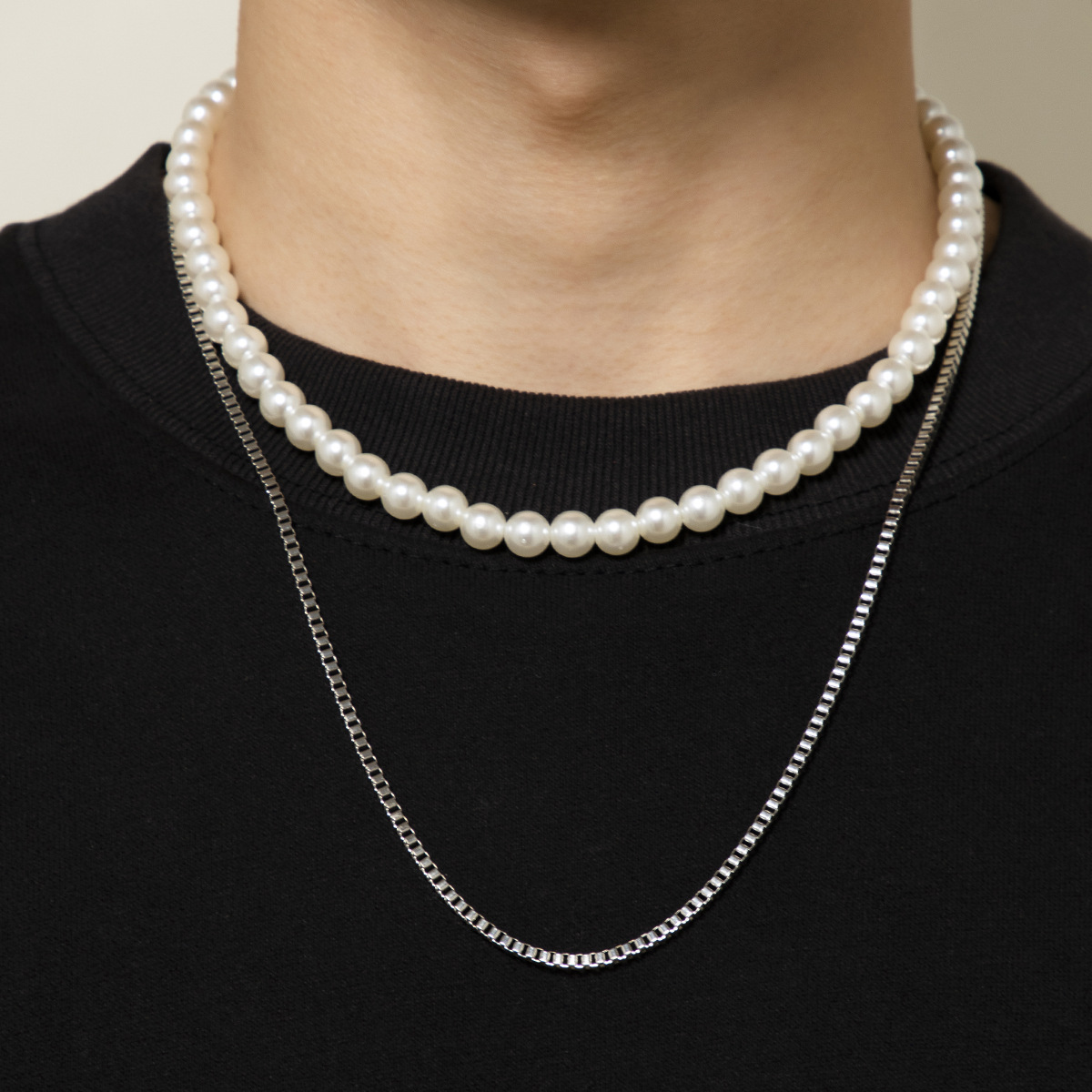 Hip-Hop Geometric Iron Pearl Chain Men'S Layered Necklaces display picture 1