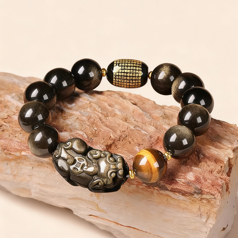 Natural Obsidian Double One-Yuan Coin Buddha Bead Pixiu Bracelet Obsidian Scripture Barrel Bead Tiger Eye Stone for Men and Women