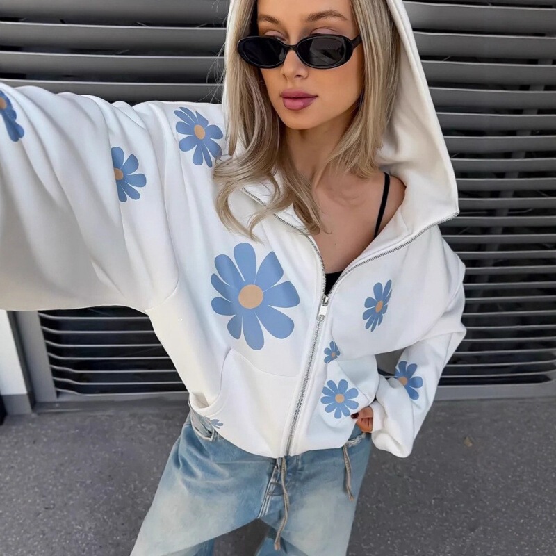 New Floral Print Hooded Sweatshirt Jacket with Zipper, Loose and Fashionable, Versatile Casual Lazy Style Autumn and Winter Hoodie for Women