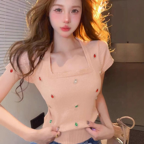 Sleek, sultry, and sweet—this chic, uniquely designed knit short-sleeve T-shirt features a bold square neckline, perfect for summer vibes and effortlessly eye-catching style.