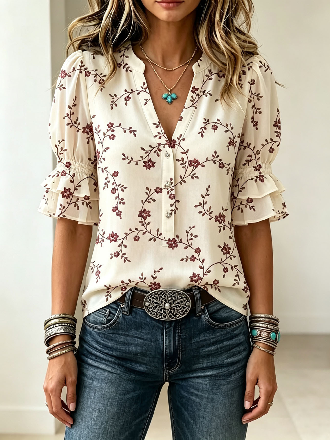 Transfronterizo exclusivo para camisas de impresión vintage mujeres sueltas de cuello en V de manga corta chaqueta bohemiana Europa y América nuevo transfronterizo image 31