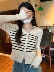 气质polo翻领法式条纹针织毛衣女秋季小众甜辣修身打底上衣开衫