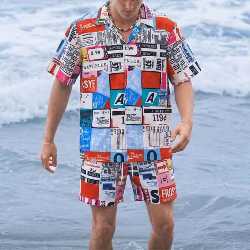 2026 Summer Cross-Border Amazon 3D Sportswear Set for Men, Retro Patchwork Shirt, Men's Shorts