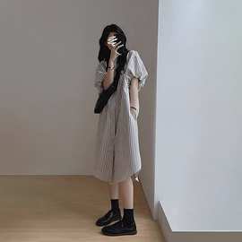 H23335竖条纹泡泡袖衬衫连衣裙女2023年夏季新款显瘦气质长裙子