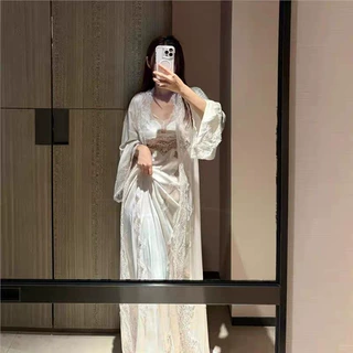 YL018【时光与尘】性感轻奢拼蕾丝边V领收腰吊带裙缎面睡衣家居服