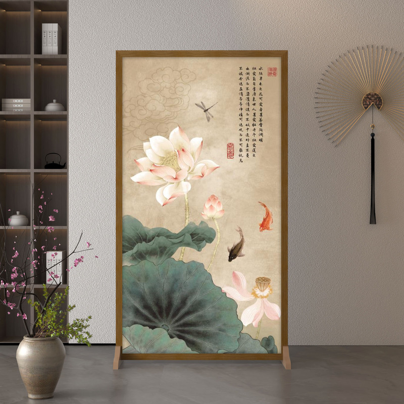 新中式简约现代隔断入户布艺遮挡客厅木质屏风玄关装饰移动座屏风|undefined