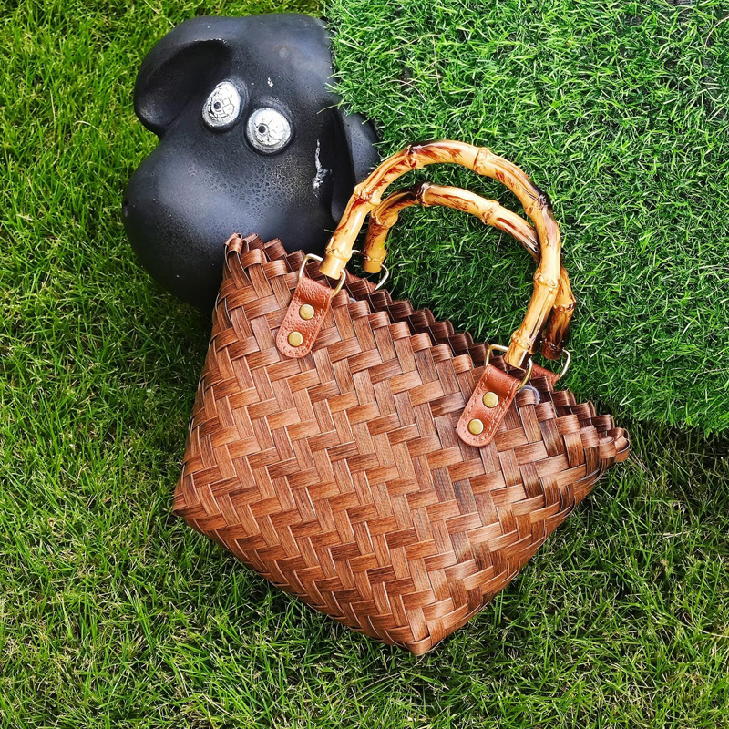 Purely Hand-Woven Cabbage Basket, Versatile Retro Bamboo Satchel Straw Tote Bag, Imitation Rattan Handbag