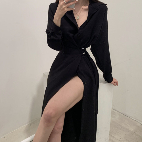 Women's Fashionable Long-Sleeve Shirt Dress with Collar, Button-Down, Belted, Slimming, and Chic Korean Elegant Lightweight Mature Style