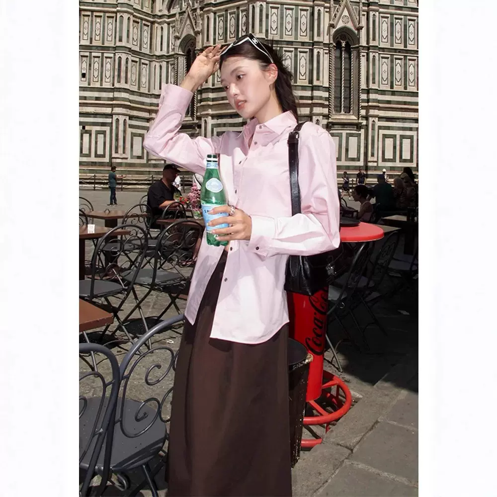 四媛 百宝妆翻领收腰时髦长袖衬衫休闲宽松百搭纯棉上衣女9321