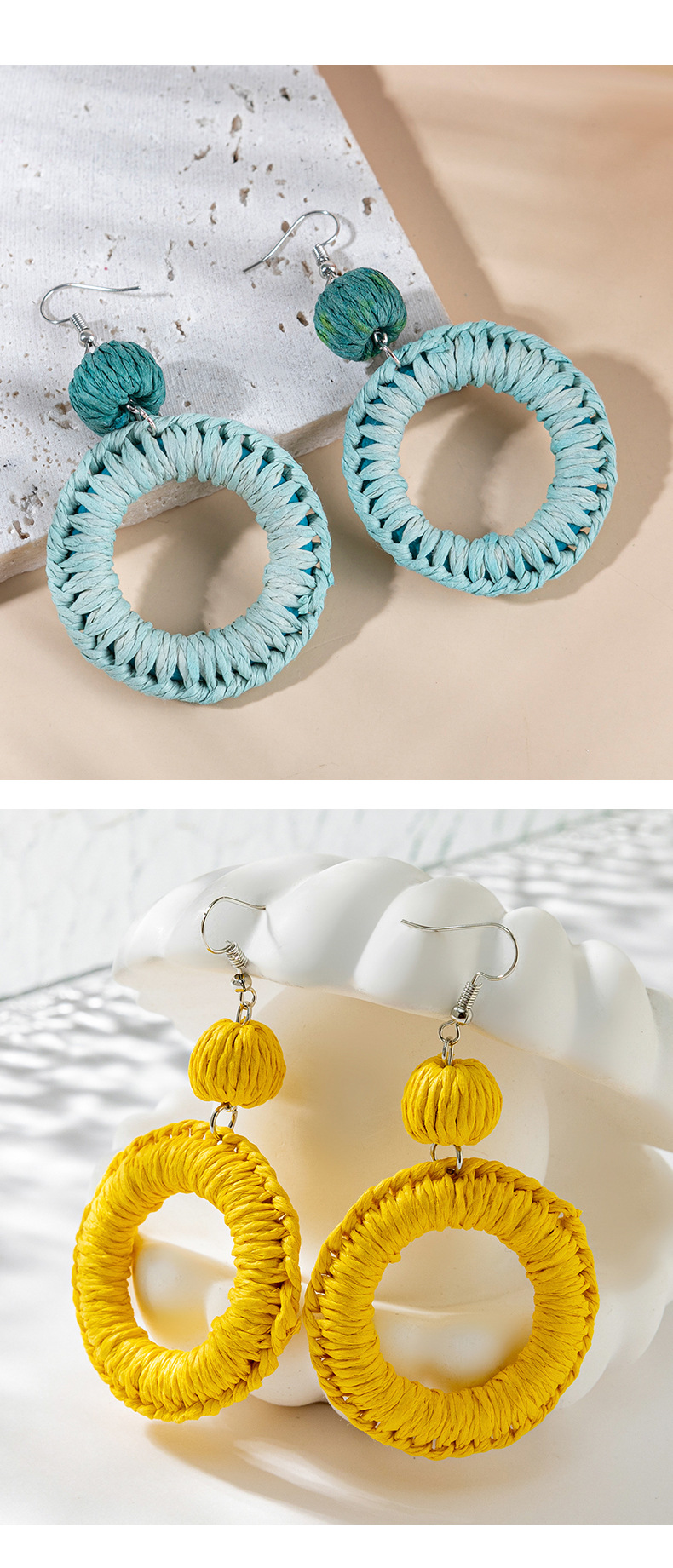 raffia Material Round Pattern 1 Pair Hawaiian Round Raffia Women's Drop Earrings