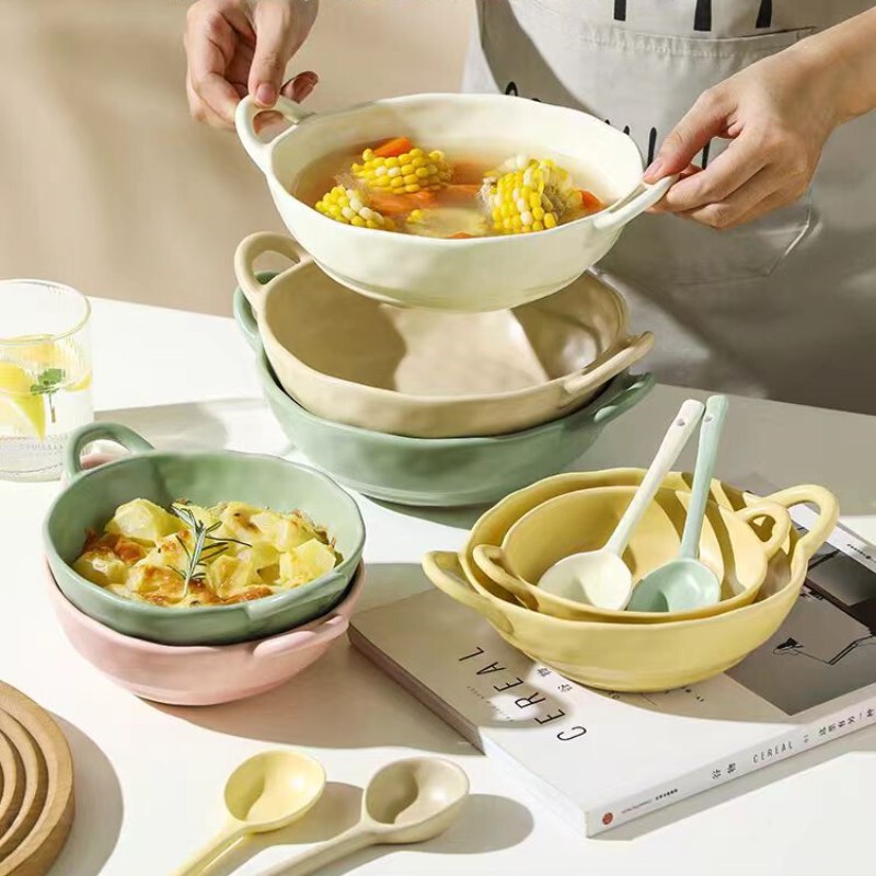 Nordic Style Household Ceramic Tableware High Color Value Glaze Double Ear Bowl Large Capacity under Glaze Color Lamian Nian Bowl for Microwave Nordic Style Household Ceramic Tableware High Color Value Glaze Double Ear Bowl Large Capacity under Glaze Color Lamian Nian Bowl for Microwave