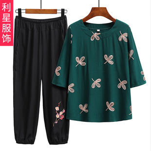 Mom spring and summer wear plus size loose cotton and linen suit women middle-aged and elderly half sleeve T-shirt embroidered old grandma top