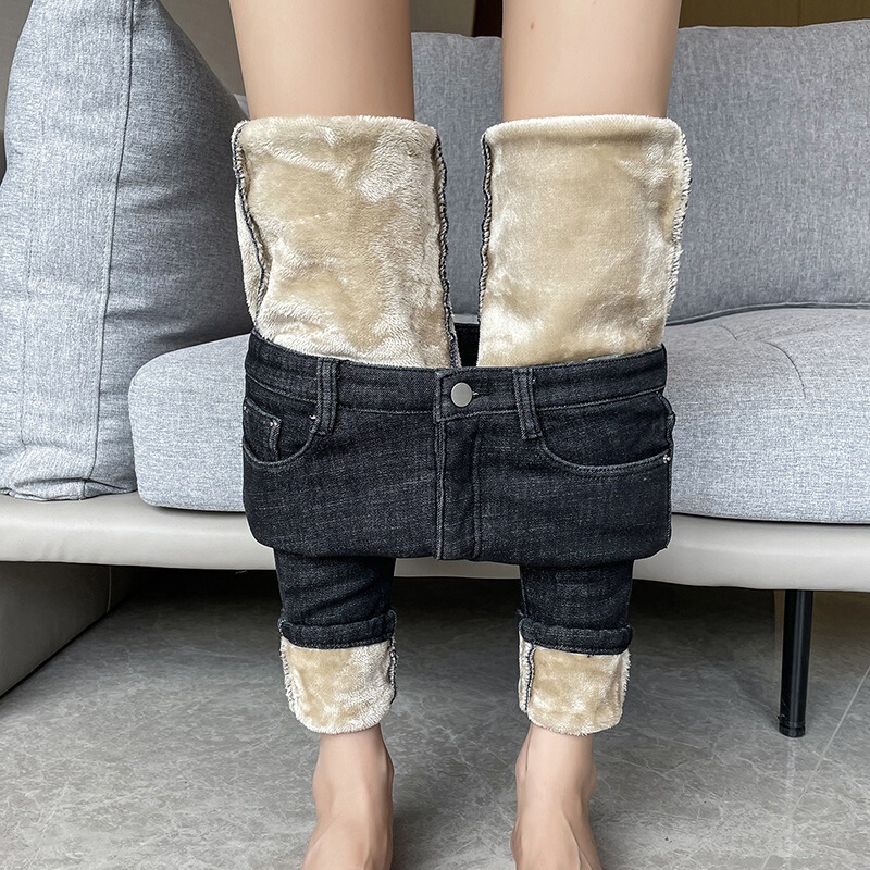 Real Shot of 505 Fleece-Lined Thick Leggings for Women, Suitable for Wearing Outside, Denim Long Pants, Pencil Pants, Slim Fit, Warm Cotton Pants for Autumn and Winter