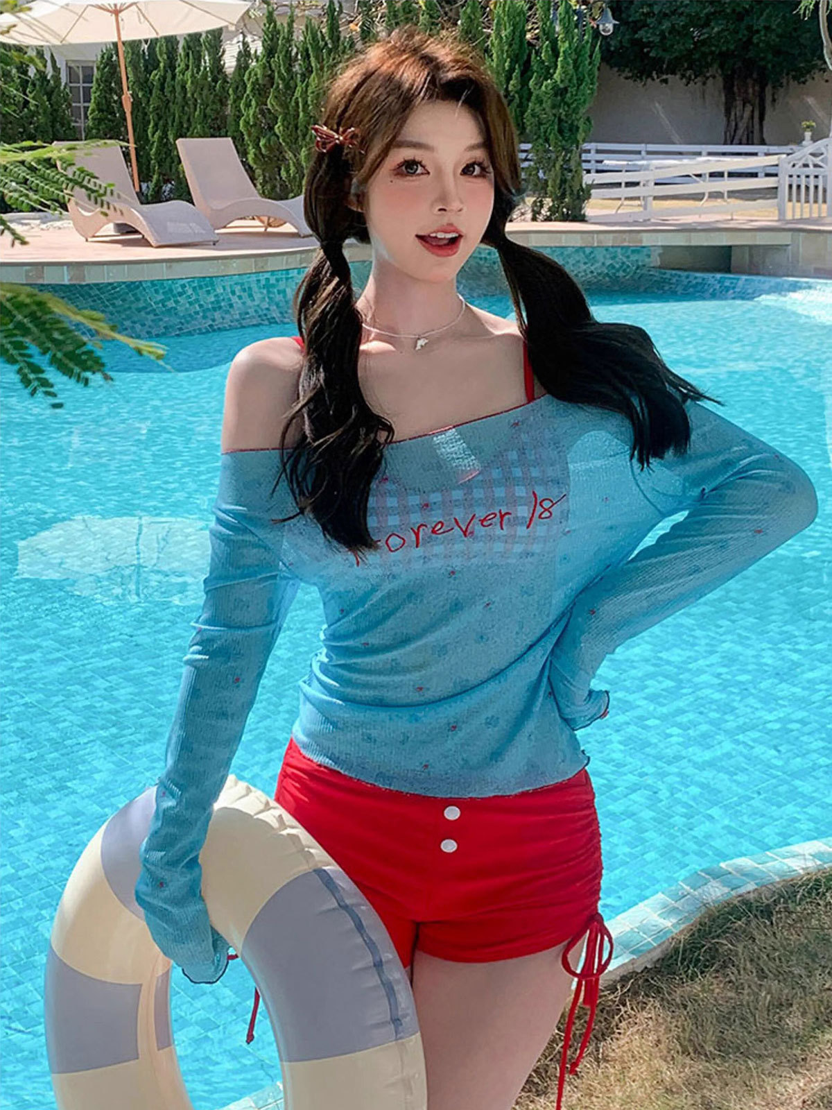 2025 nuevo traje de baño dopamina dulce a cuadros con bikini dividido de cuatro piezas blusa de manga larga de estilo puro